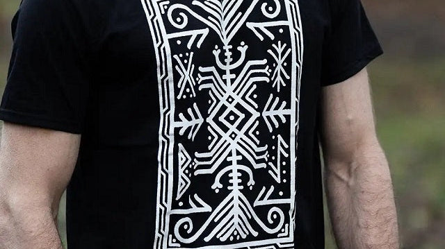 Black t-shirt featuring a white Viking rune design inspired by Líf and Lífthrasir symbolism