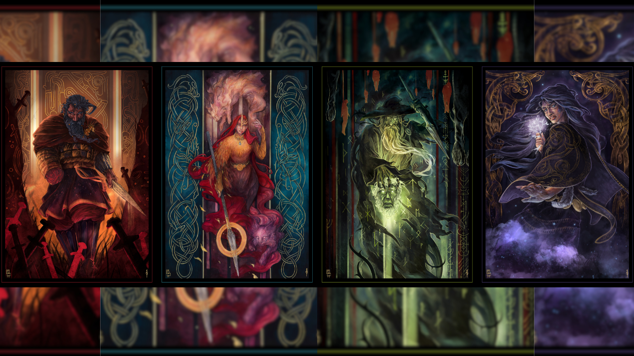 Fantasy tarot-style character artwork featuring a warrior, a fire mage, a rune sorcerer, and an enchantress casting magic