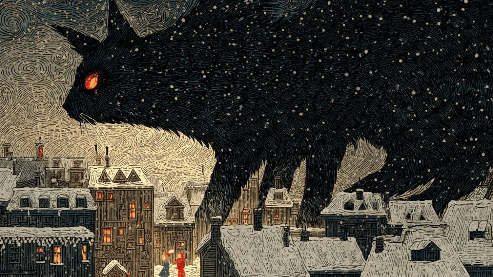 Illustration of a giant black wolf looming over a snowy village at night, Image courtesy of The Wicked Griffin