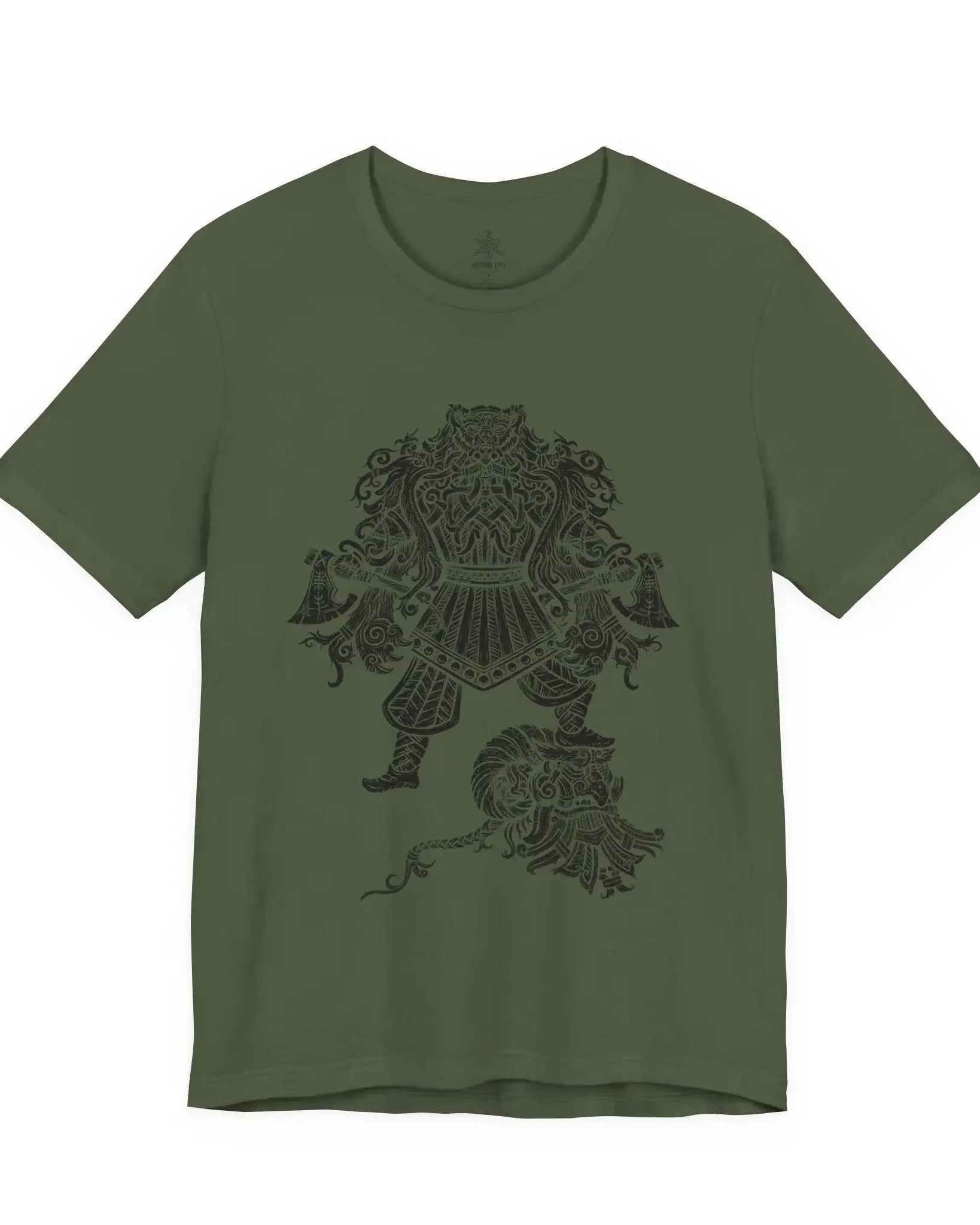 An olive green crewneck t-shirt featuring a dark charcoal graphic of a Viking Berserker on the front, displayed against a solid white background.