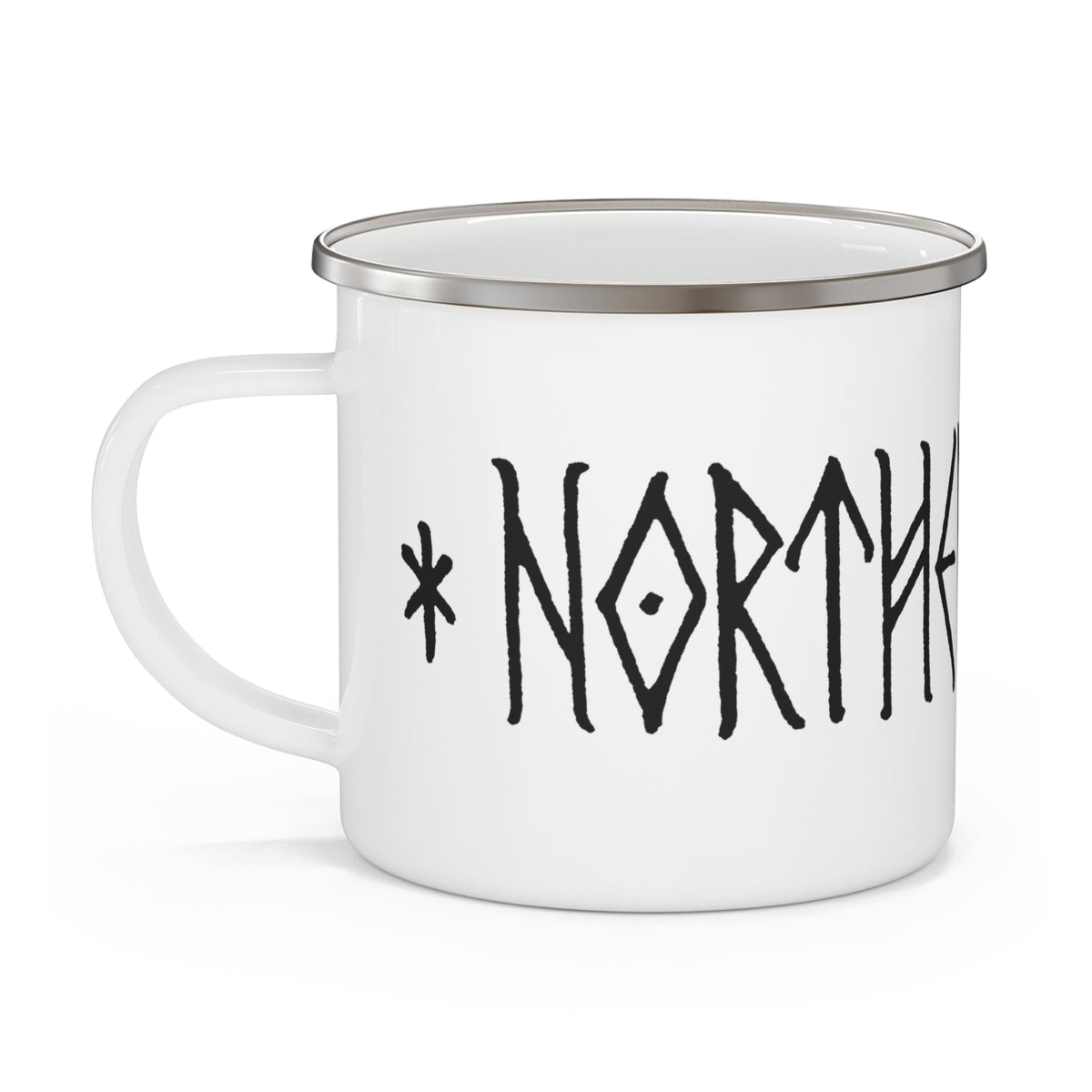A white enamel camp mug with a silver metal rim and a black hand-drawn style graphic that reads '*NORTH' on the side, set against a plain white background.