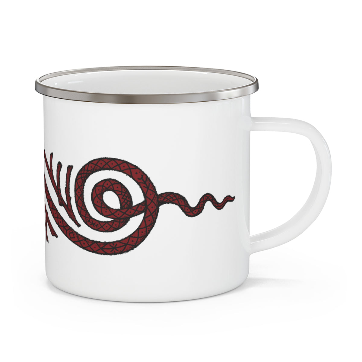 A white enamel camp mug with a silver metal rim and a red and black snake graphic printed on the side, shown against a plain white background.