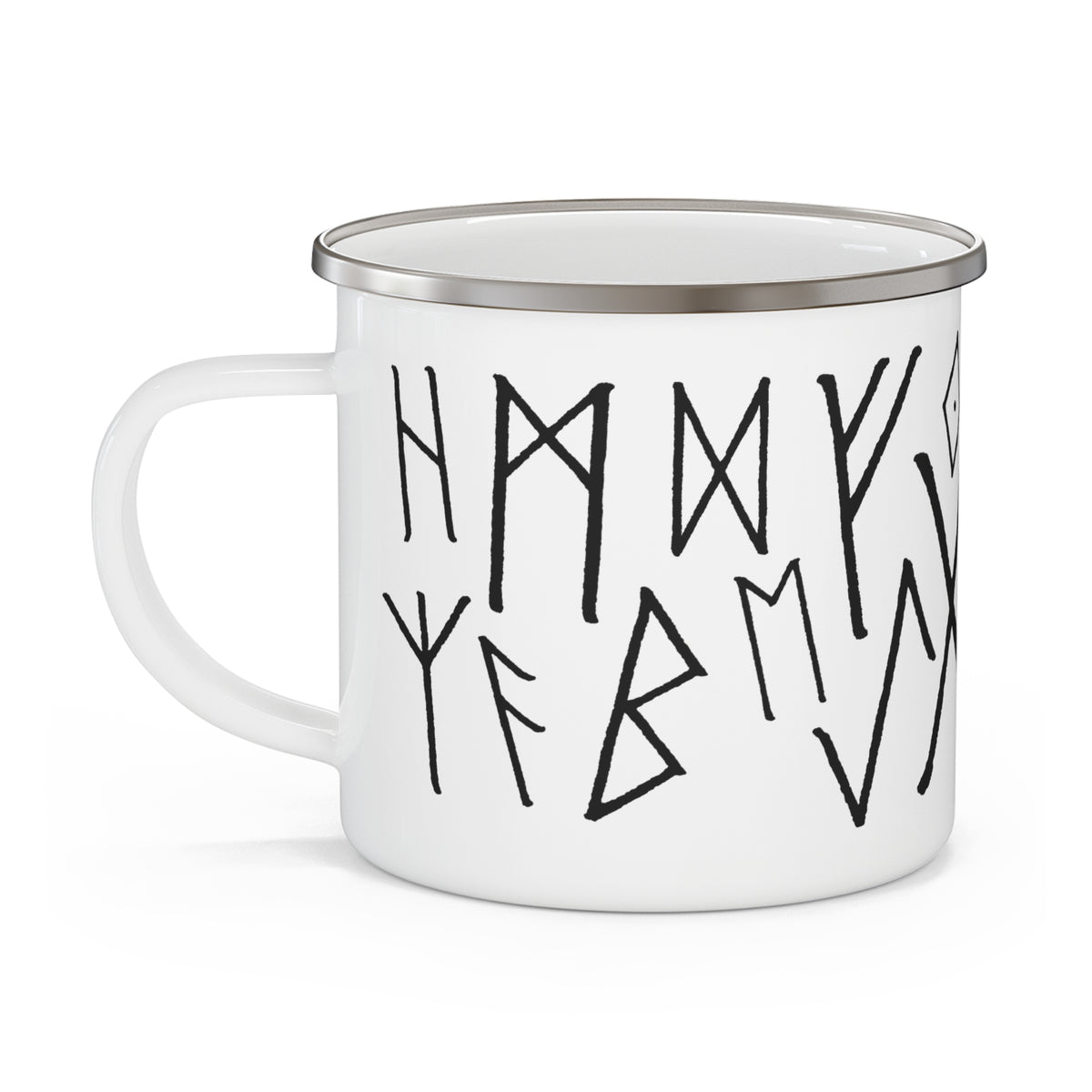 A white enamel camp-style mug with a silver metal rim and handle, featuring black hand-drawn rune-like lettering on the front, set against a plain white background.