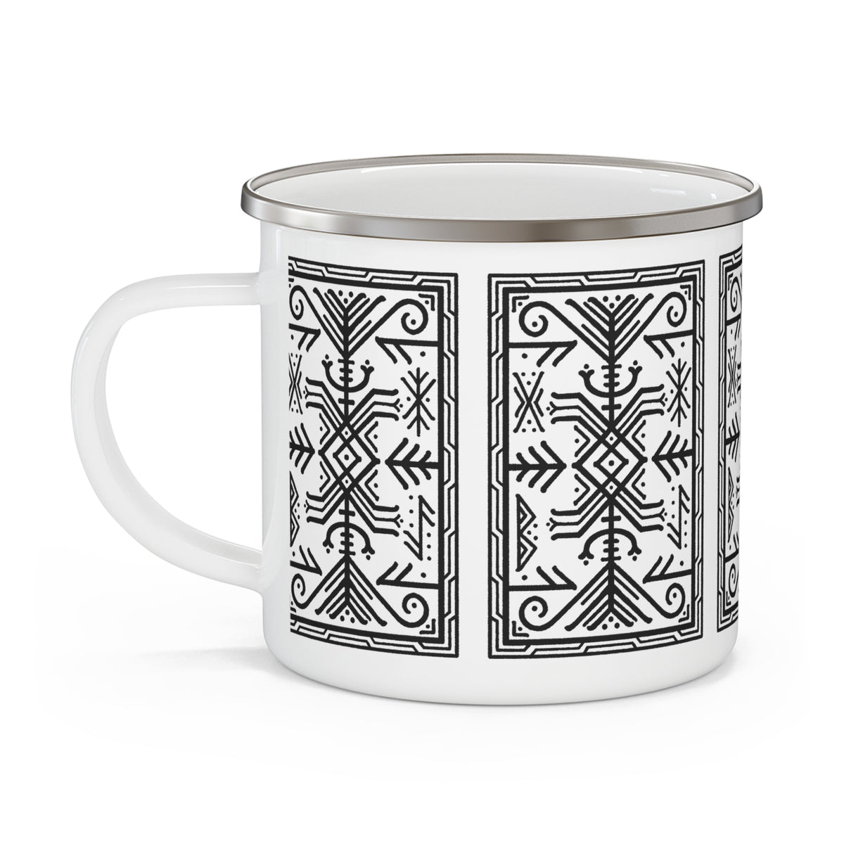 A white enamel-style mug with a silver metal rim and a black geometric bindrune pattern printed on the side, shown on a clean white background.