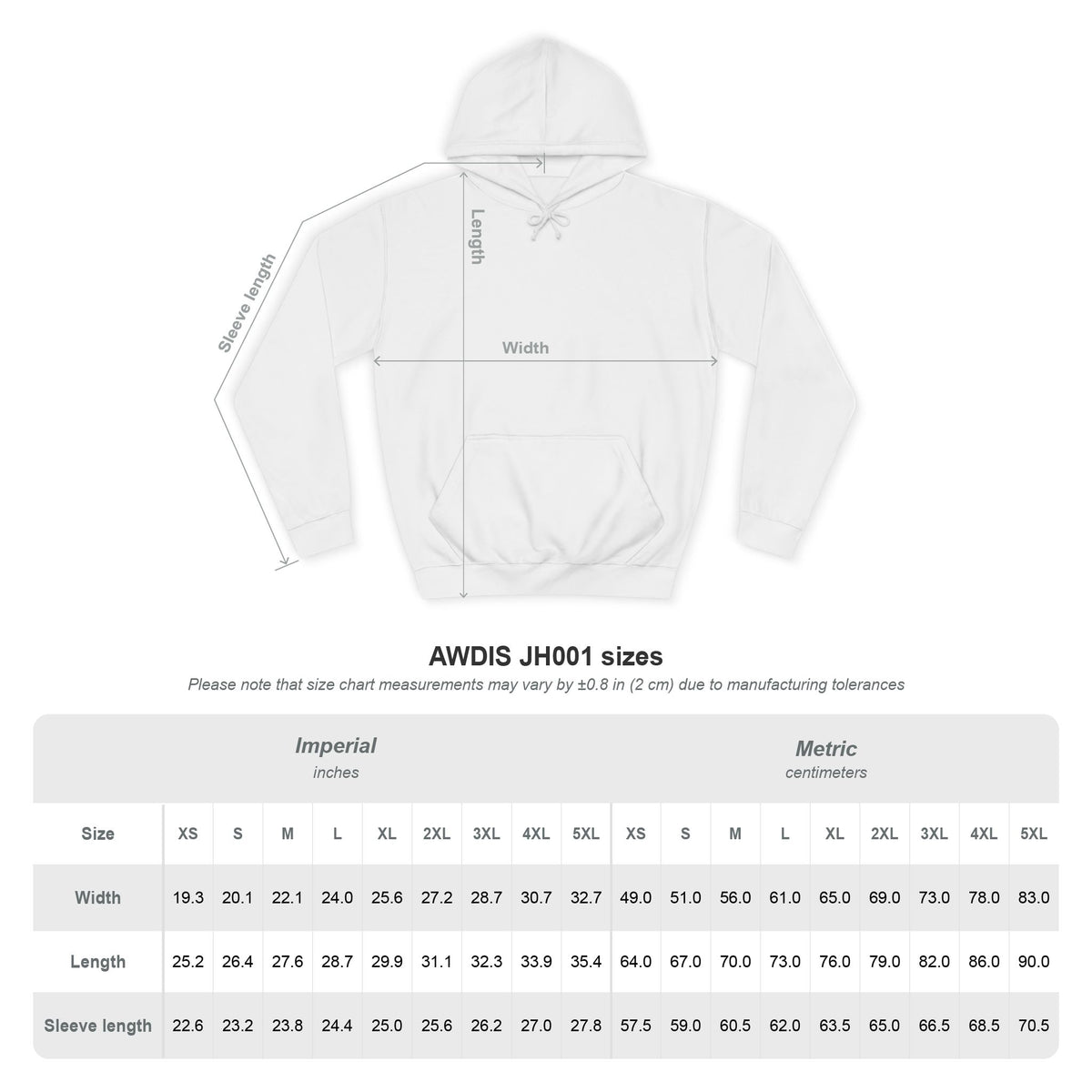 Size chart for the Yggdrasil pullover hoodie (AWDis JH001) showing width, length and sleeve measurements