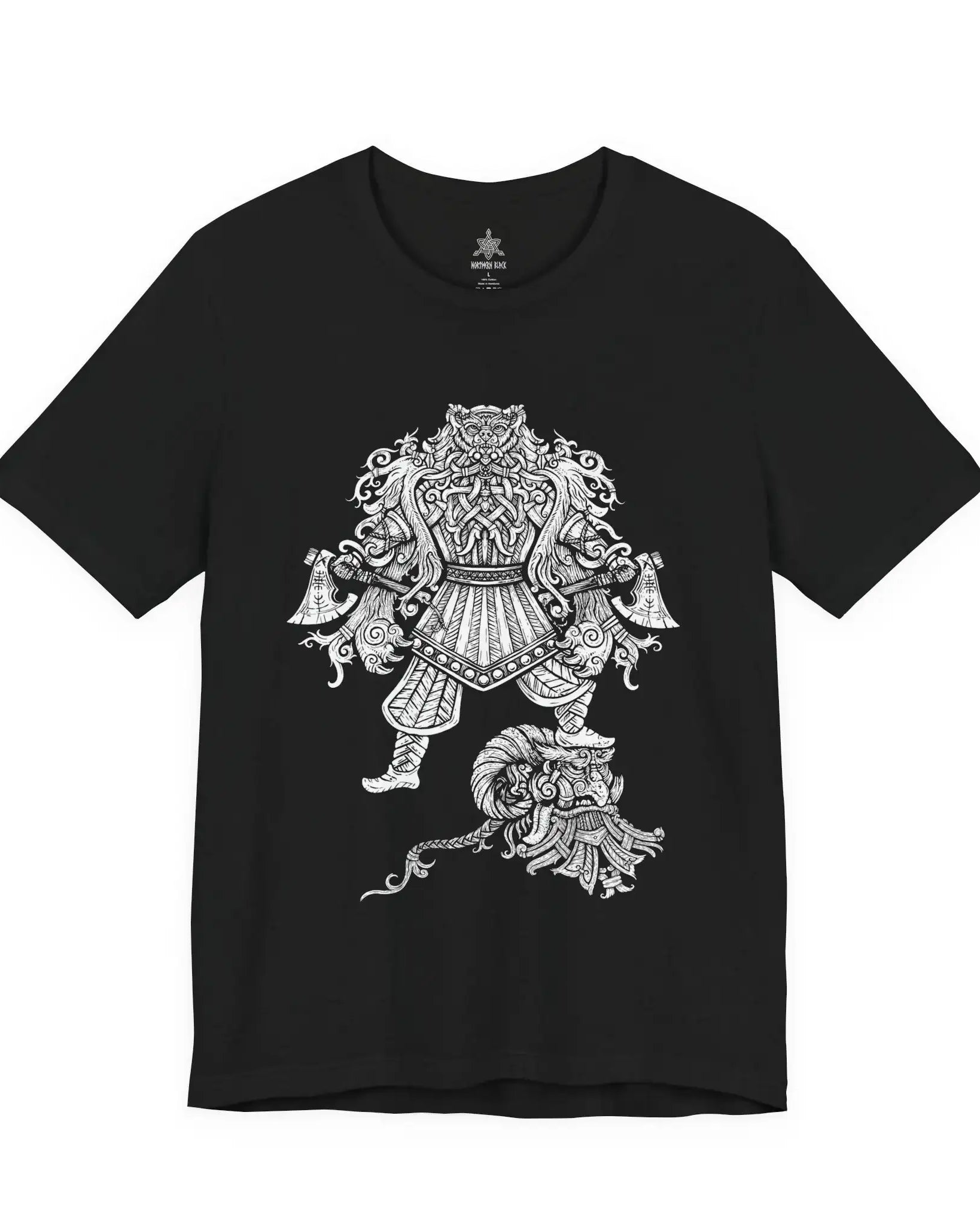 Black t-shirt with an Viking Berserker design on a white background