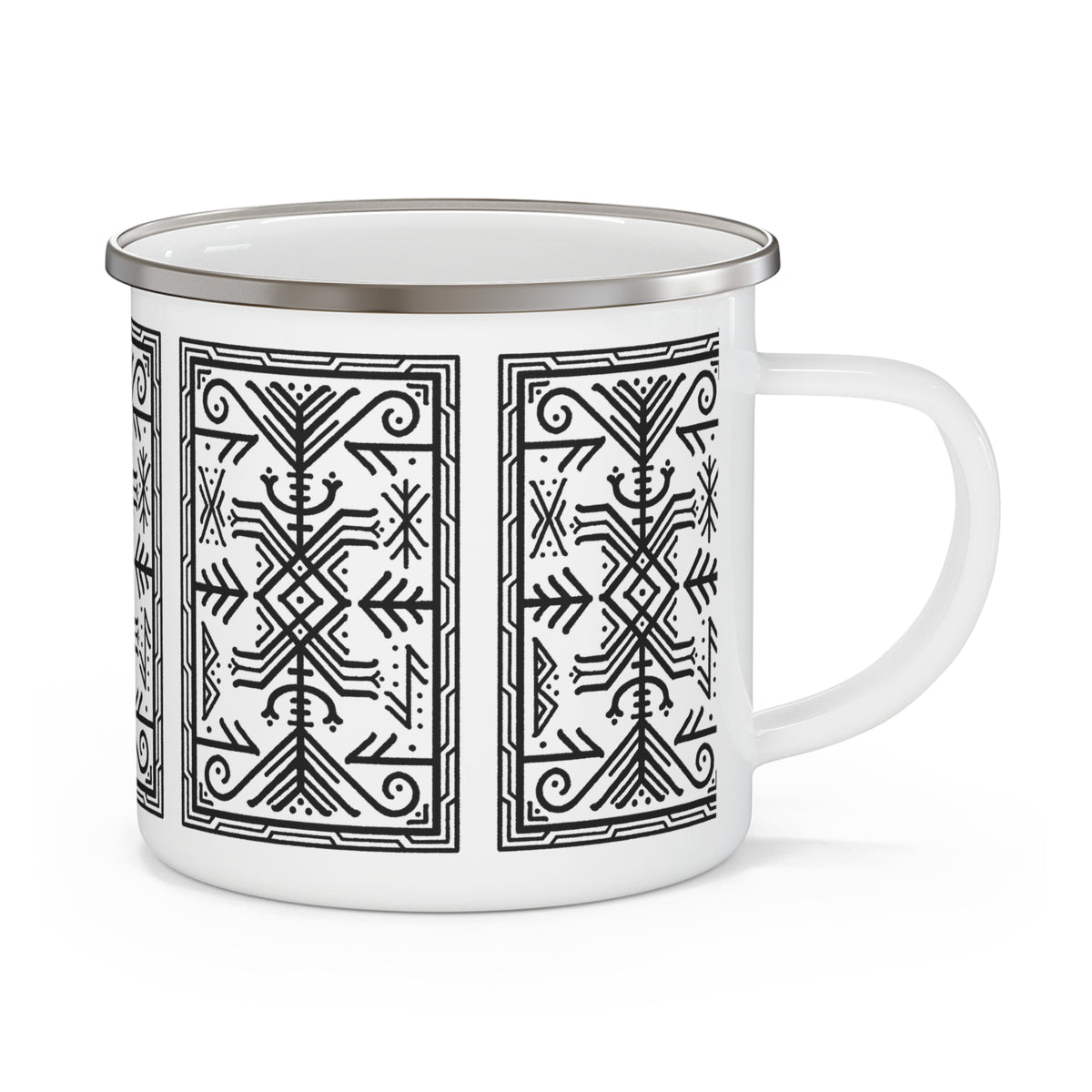 A white enamel-style mug with a black geometric bindrune pattern and a silver metal rim, shown on a clean white background.