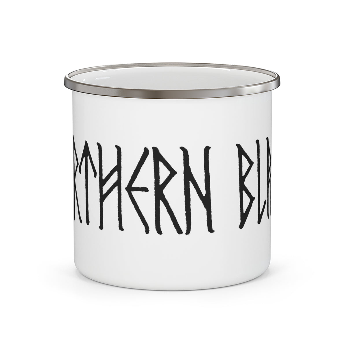 A white enamel camp mug with a silver metal rim, featuring the text 'NORTHERN BLACK'