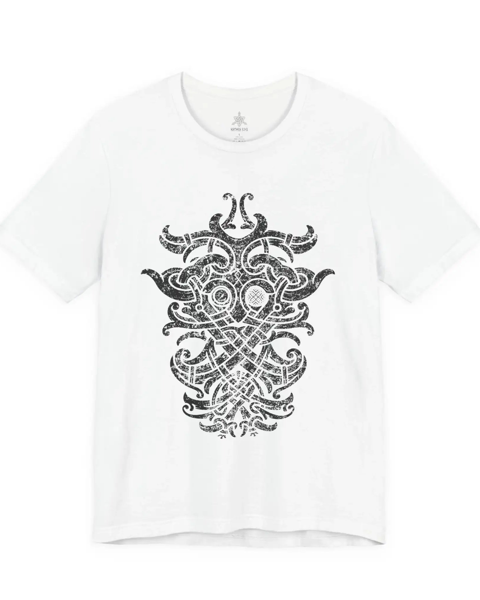 A white short-sleeve crewneck t-shirt featuring a large, detailed black Norse knotwork design printed on the front.