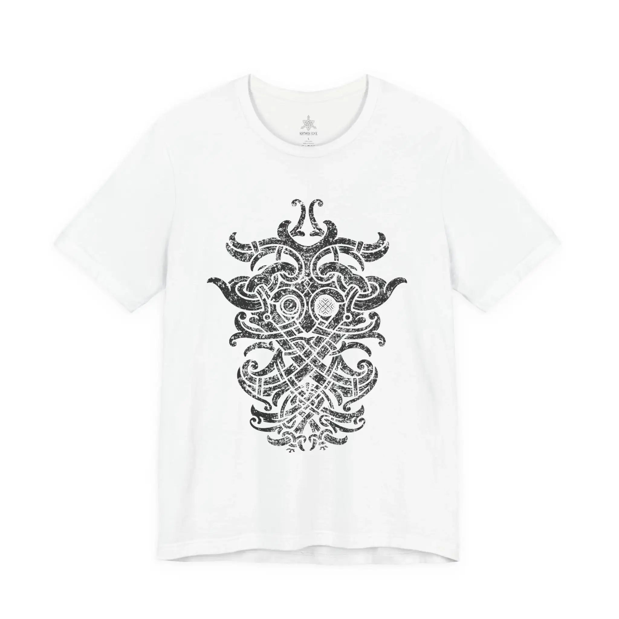 A white short-sleeve crewneck t-shirt featuring a large, detailed black Norse knotwork design printed on the front.