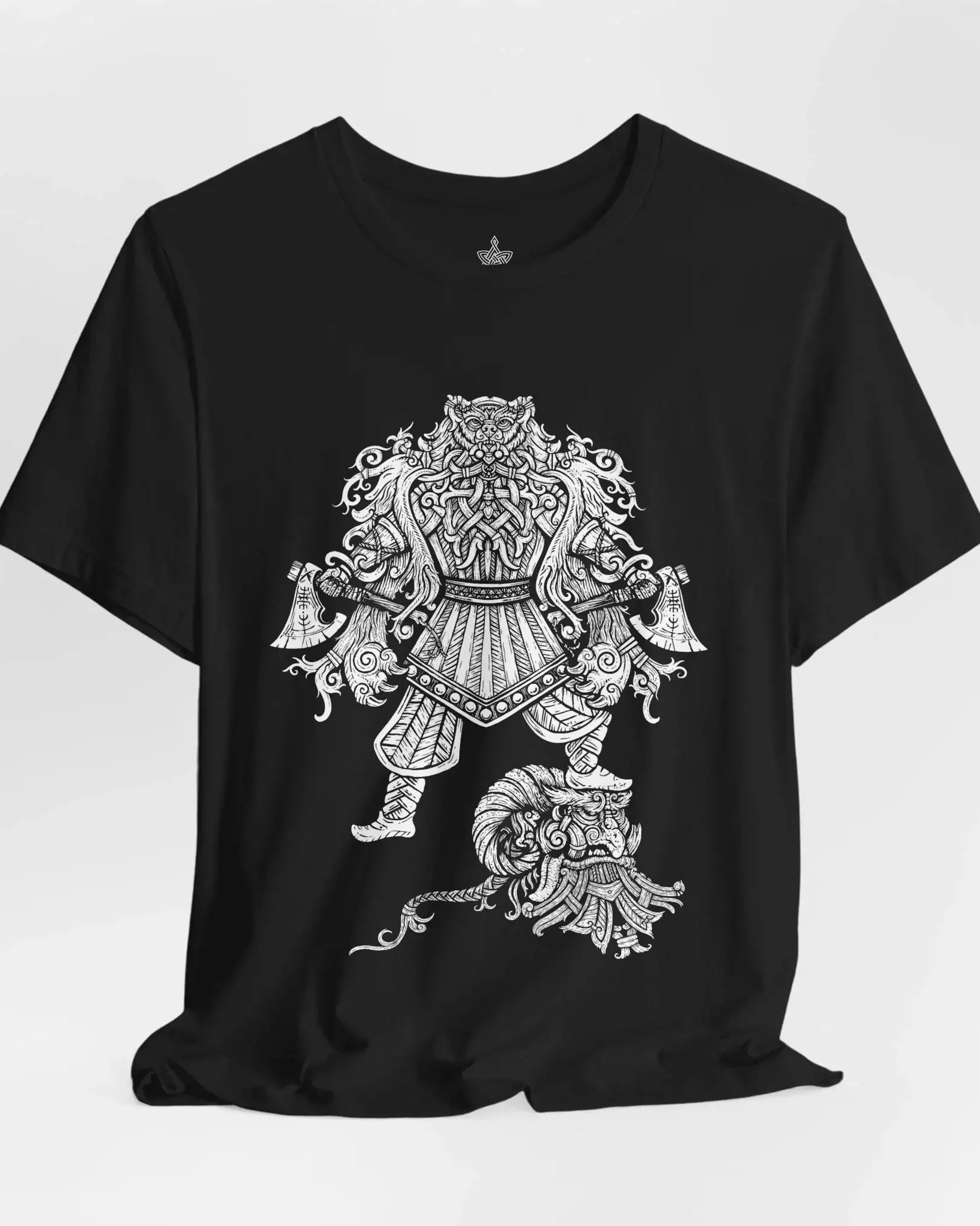 A black short-sleeve crewneck T-shirt featuring a large white graphic print of a detailed Viking Berserker on the front, displayed against a light grey background.