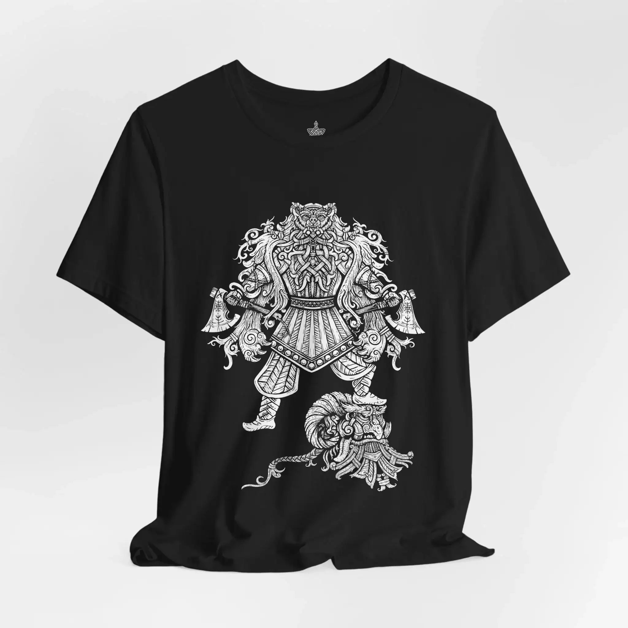 A black short-sleeve crewneck T-shirt featuring a large white graphic print of a detailed Viking Berserker on the front, displayed against a light grey background.