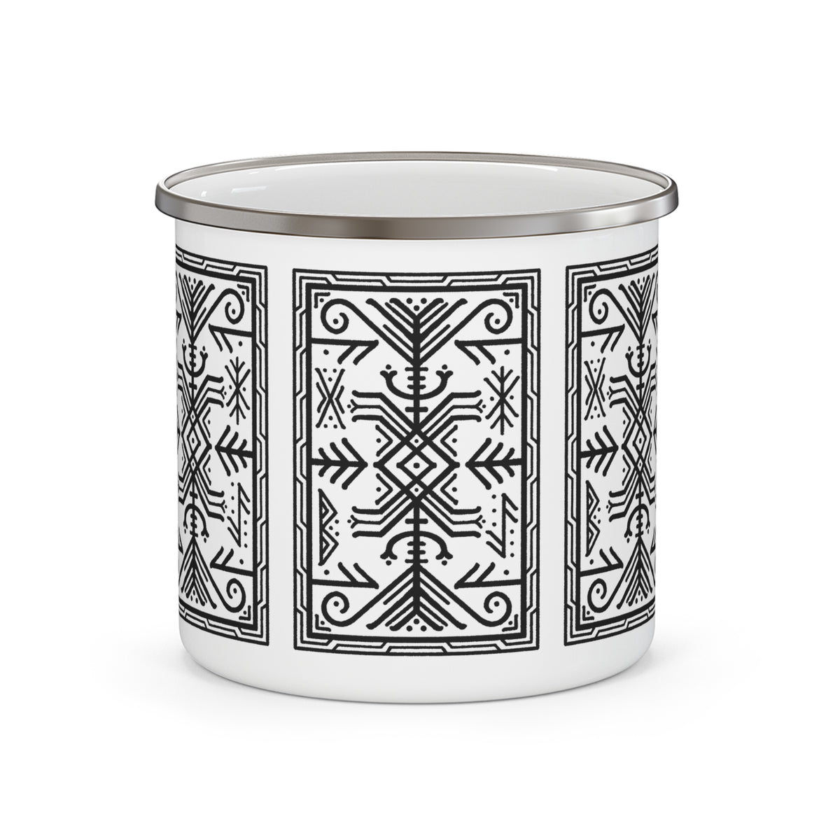 A white enamel camp mug with a silver metal rim, decorated with a black geometric bindrune pattern, shown on a plain white background.