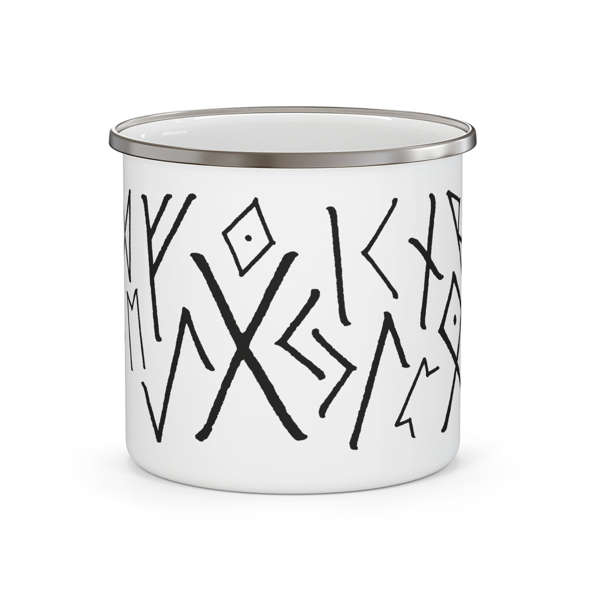 A white enamel camp mug with a silver metal rim, decorated with black abstract geometric line art, shown on a clean white background.