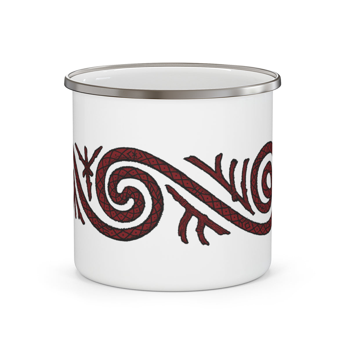 A white enamel camp mug with a silver metal rim, featuring a red and black Norse-style runic spiral design on the side.