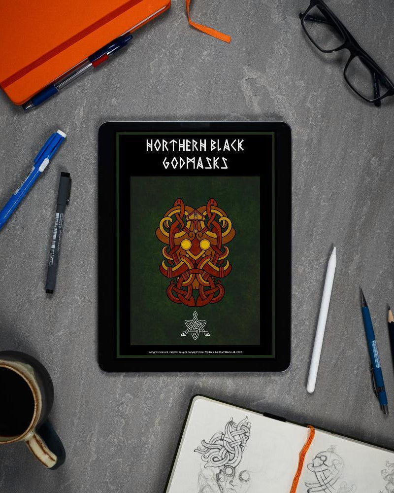 Northern Black Godmasks digital art book with Viking knotwork design on tablet