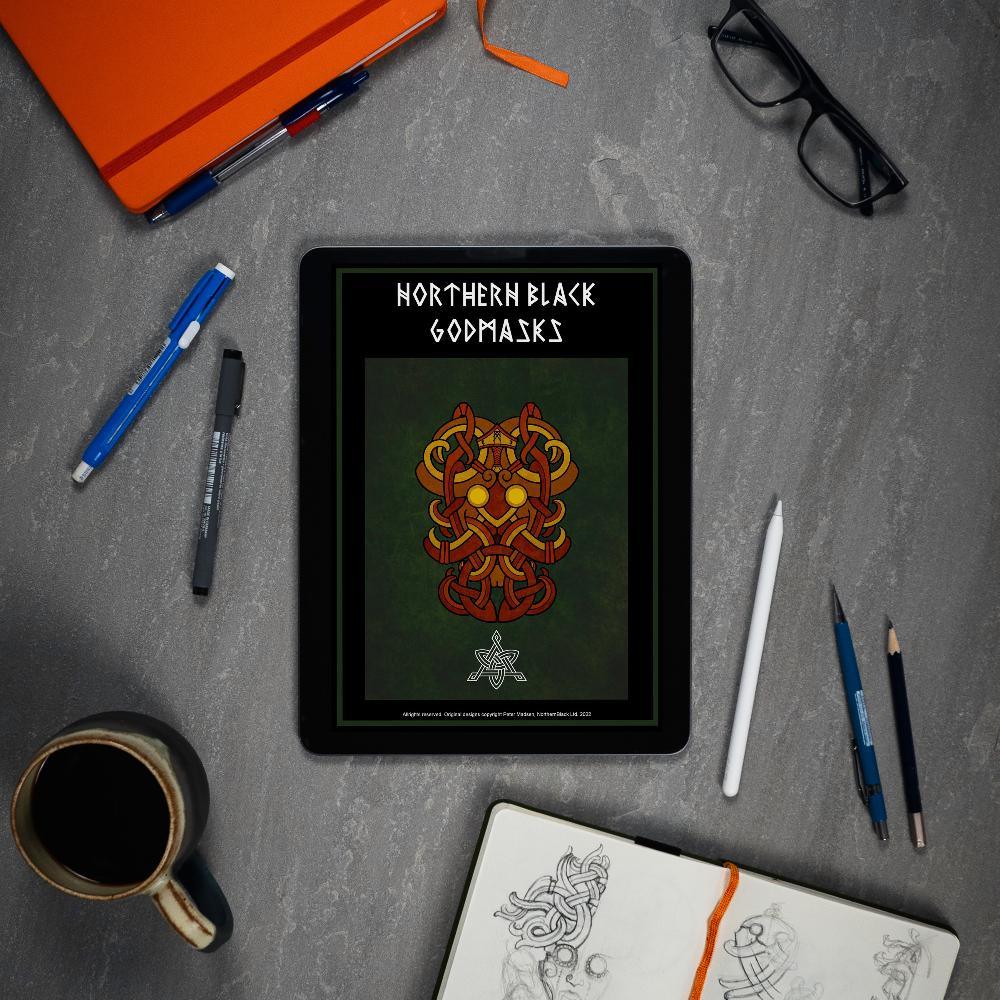 Northern Black Godmasks digital art book with Viking knotwork design on tablet