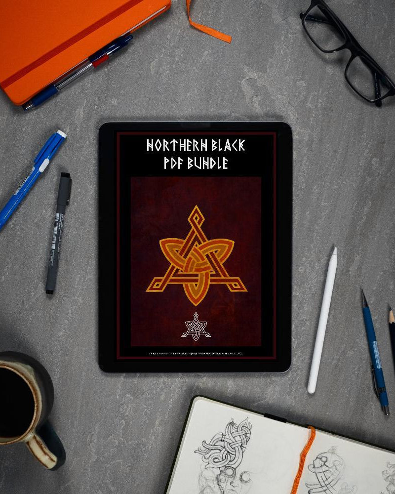 Northern Black PDF Bundle with Viking knot design on tablet, surrounded by sketchbook and pens