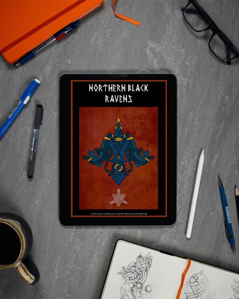 Northern Black Ravens digital art book on tablet, featuring Viking tattoo designs and Norse runes, surrounded by sketch tools and coffee.