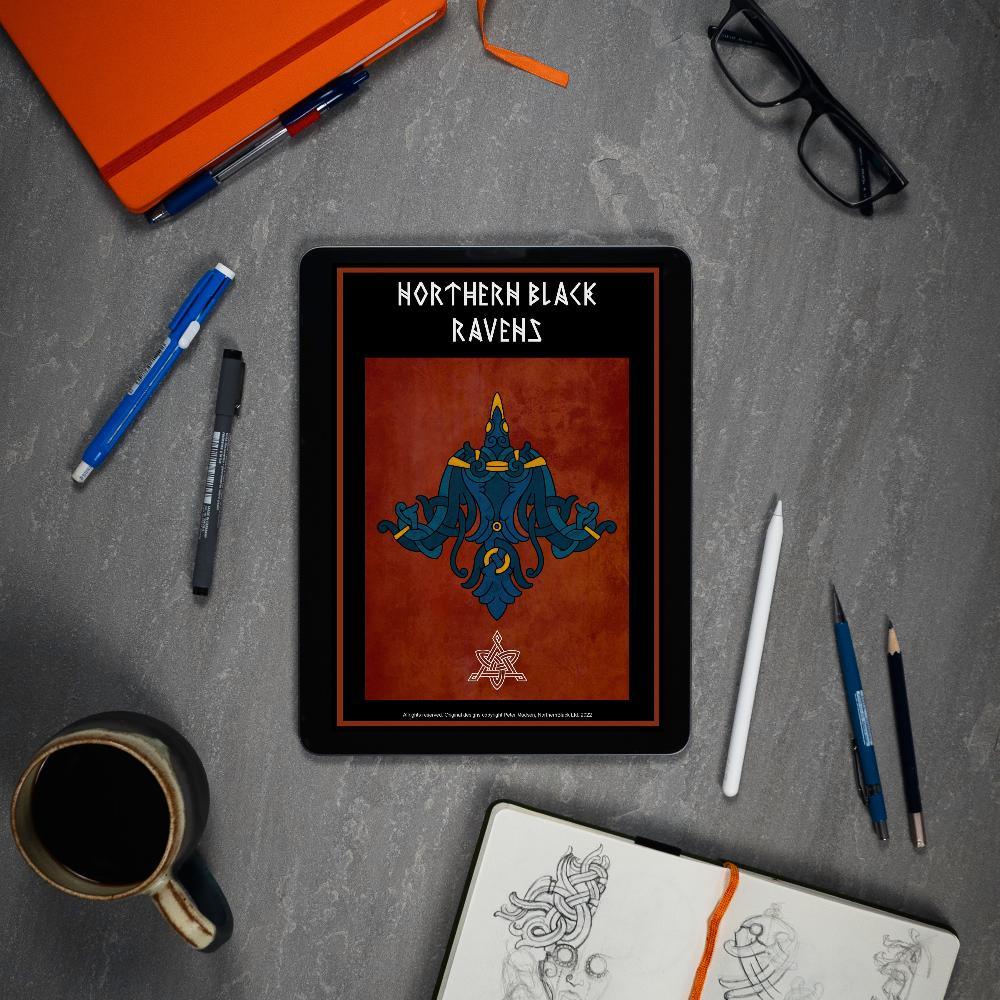 Northern Black Ravens digital art book on tablet, featuring Viking tattoo designs and Norse runes, surrounded by sketch tools and coffee.