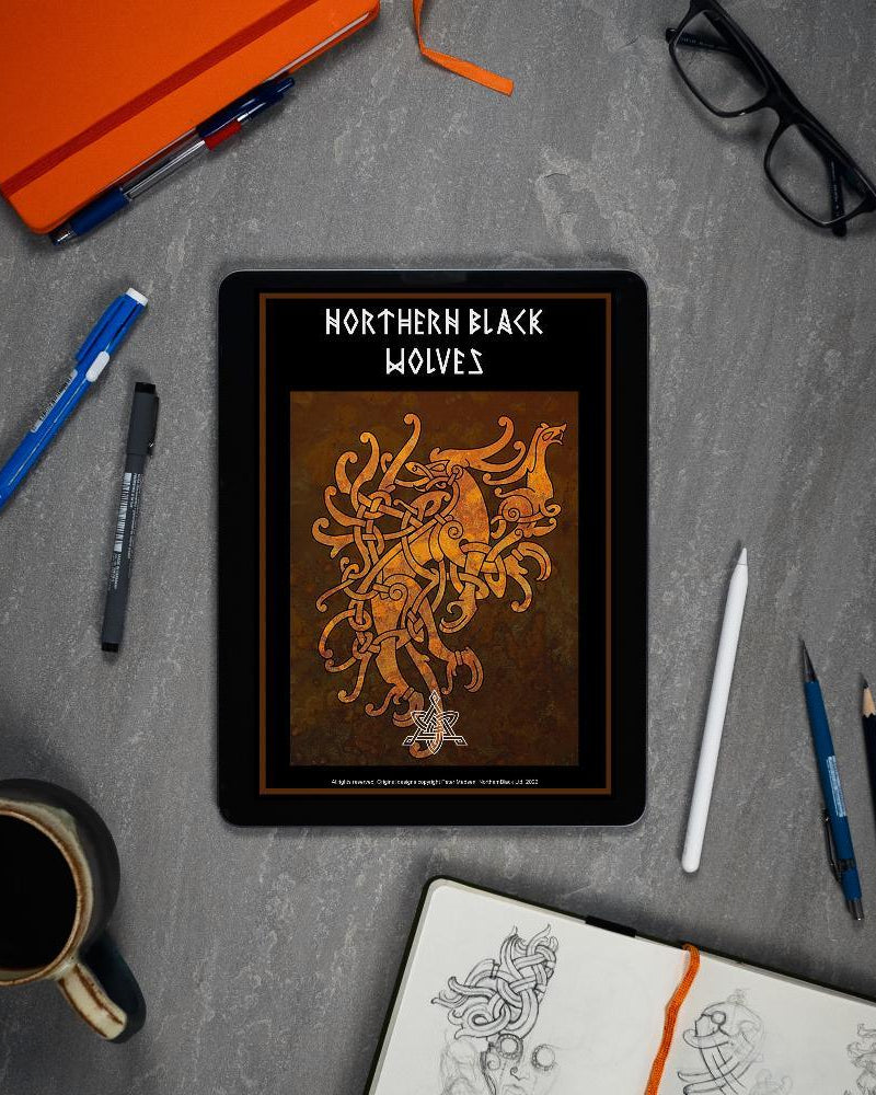 Northern Black Wolves Viking art book on tablet with sketchbook, pens, and coffee