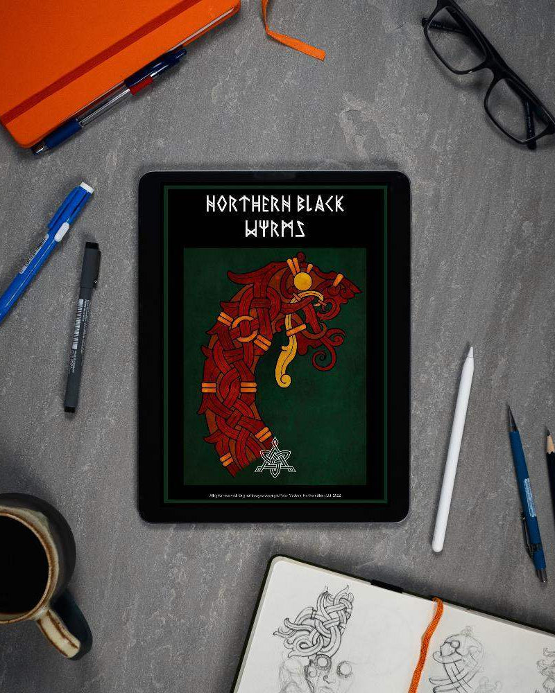 Northern Black Wyrm Viking tattoo design on tablet, surrounded by art tools and sketchbook