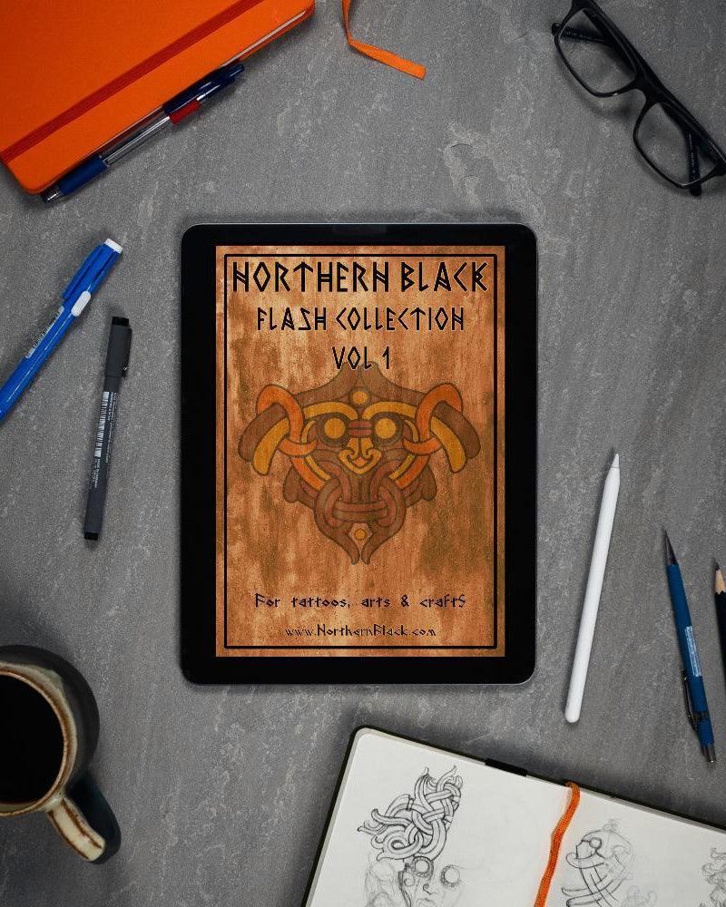 Northern Black Flash Collection Vol 1 for tattoos, arts & crafts displayed on tablet with sketchbook and pens