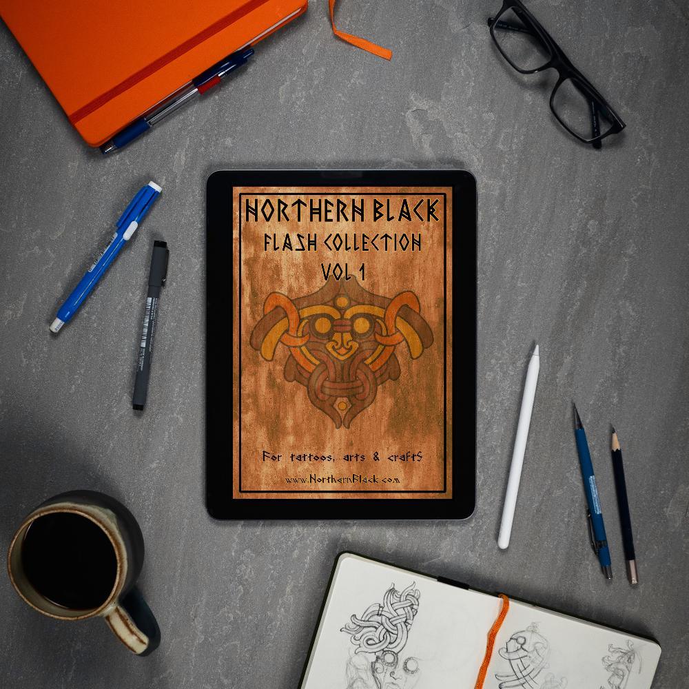Northern Black Flash Collection Vol 1 for tattoos, arts & crafts displayed on tablet with sketchbook and pens