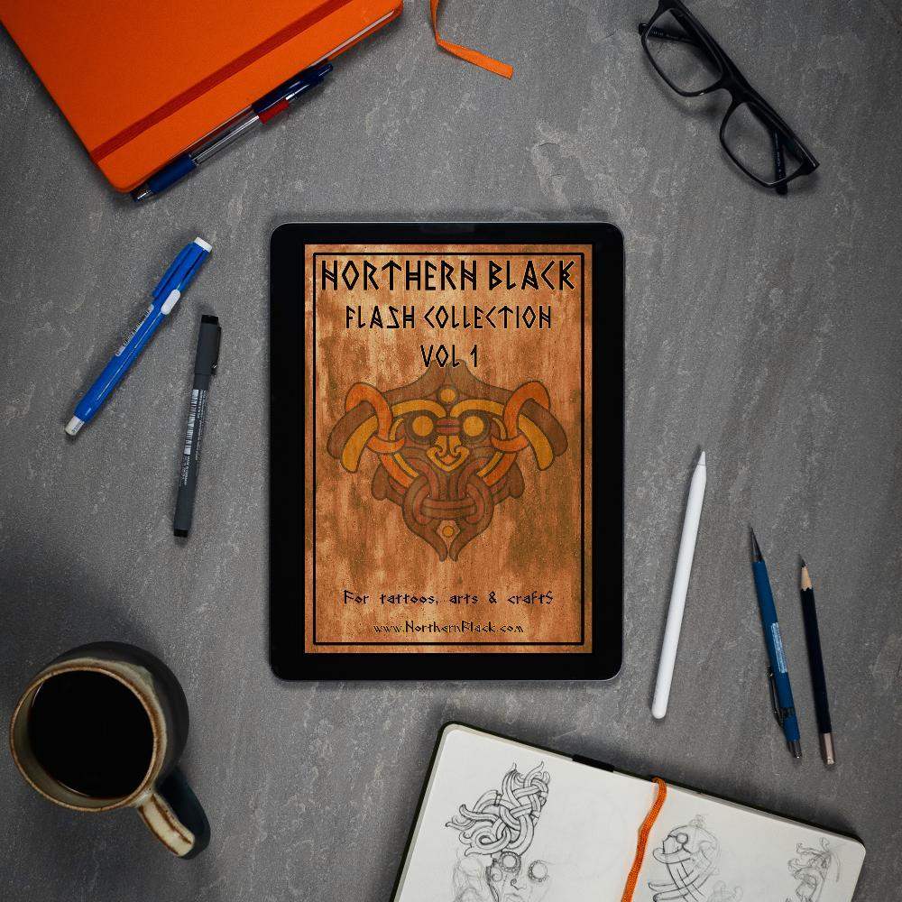 Northern Black Flash Collection Vol 1 for tattoos, arts & crafts displayed on tablet with sketchbook and pens