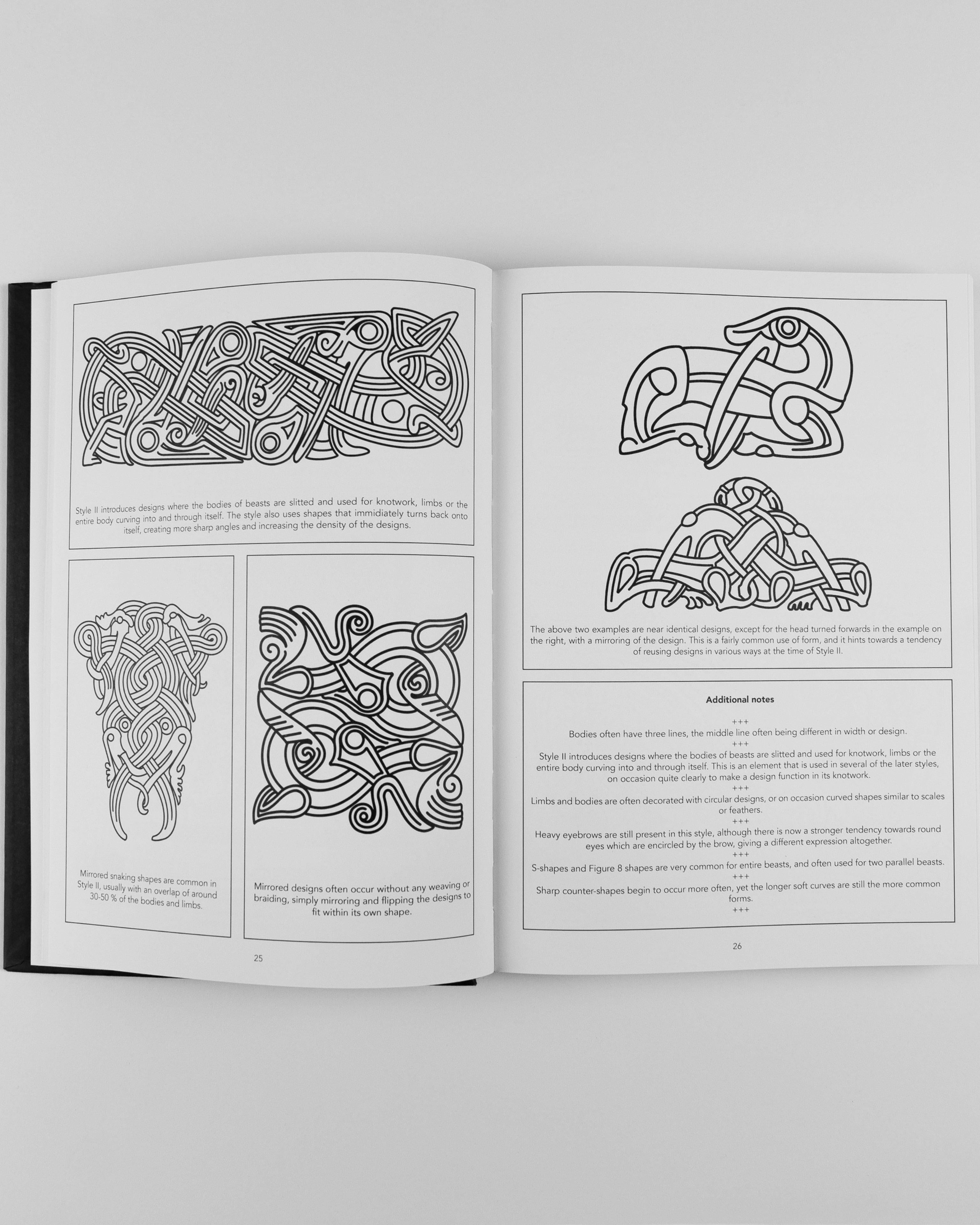 Viking tattoo designs and Norse knotwork art book pages featuring intricate beast patterns and runes.