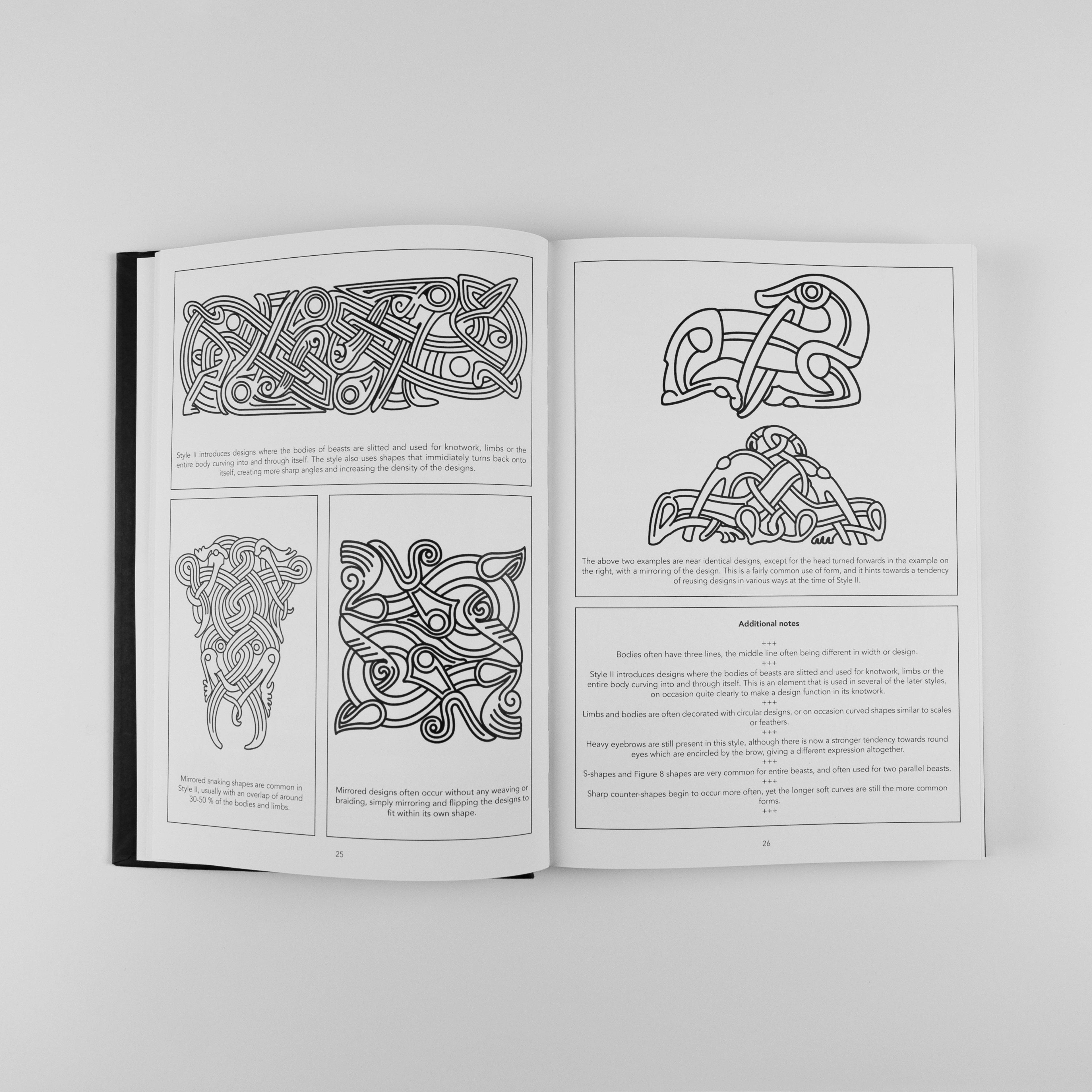 Viking tattoo designs and Norse knotwork art book pages featuring intricate beast patterns and runes.