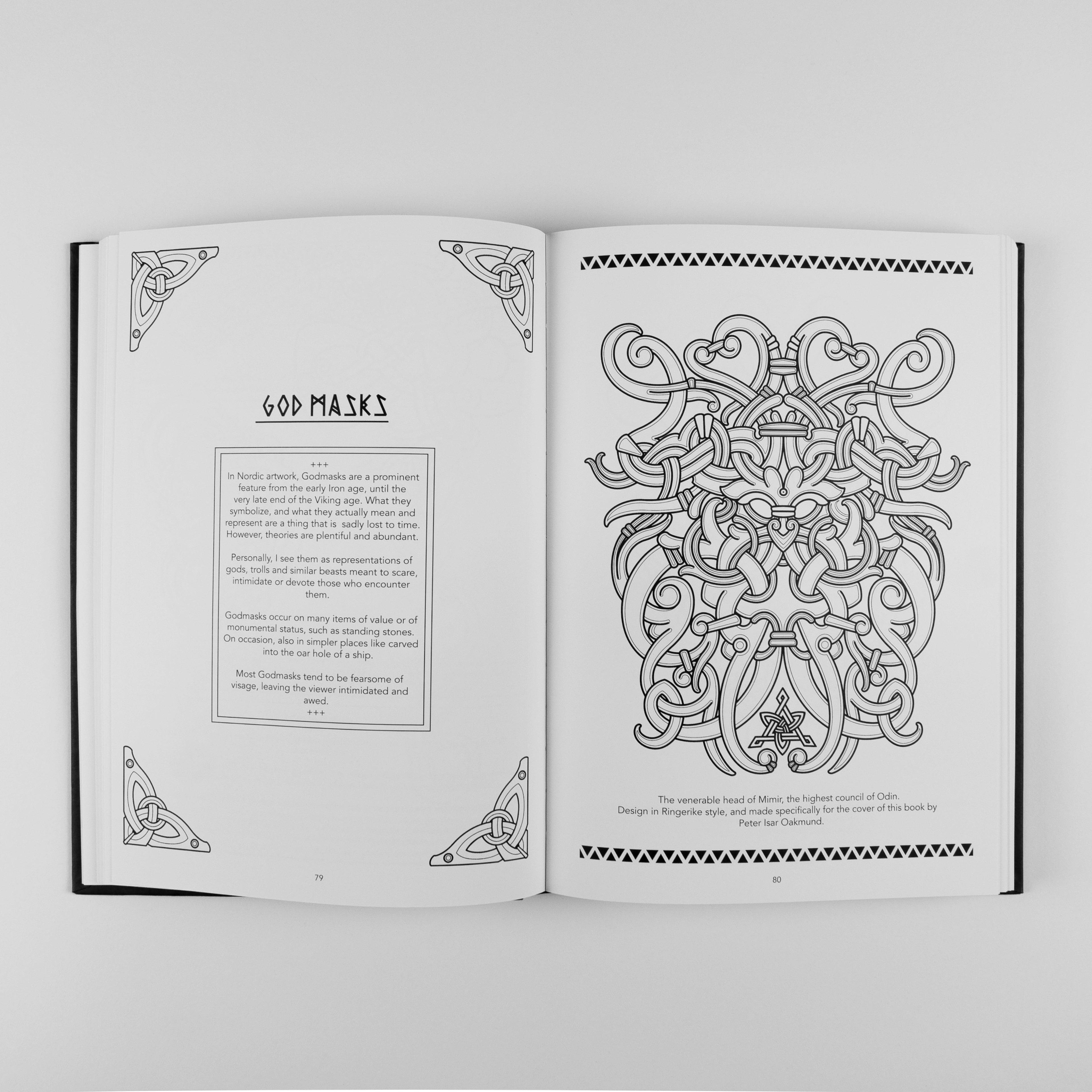 Viking-inspired God Masks art book page with intricate Norse knotwork design