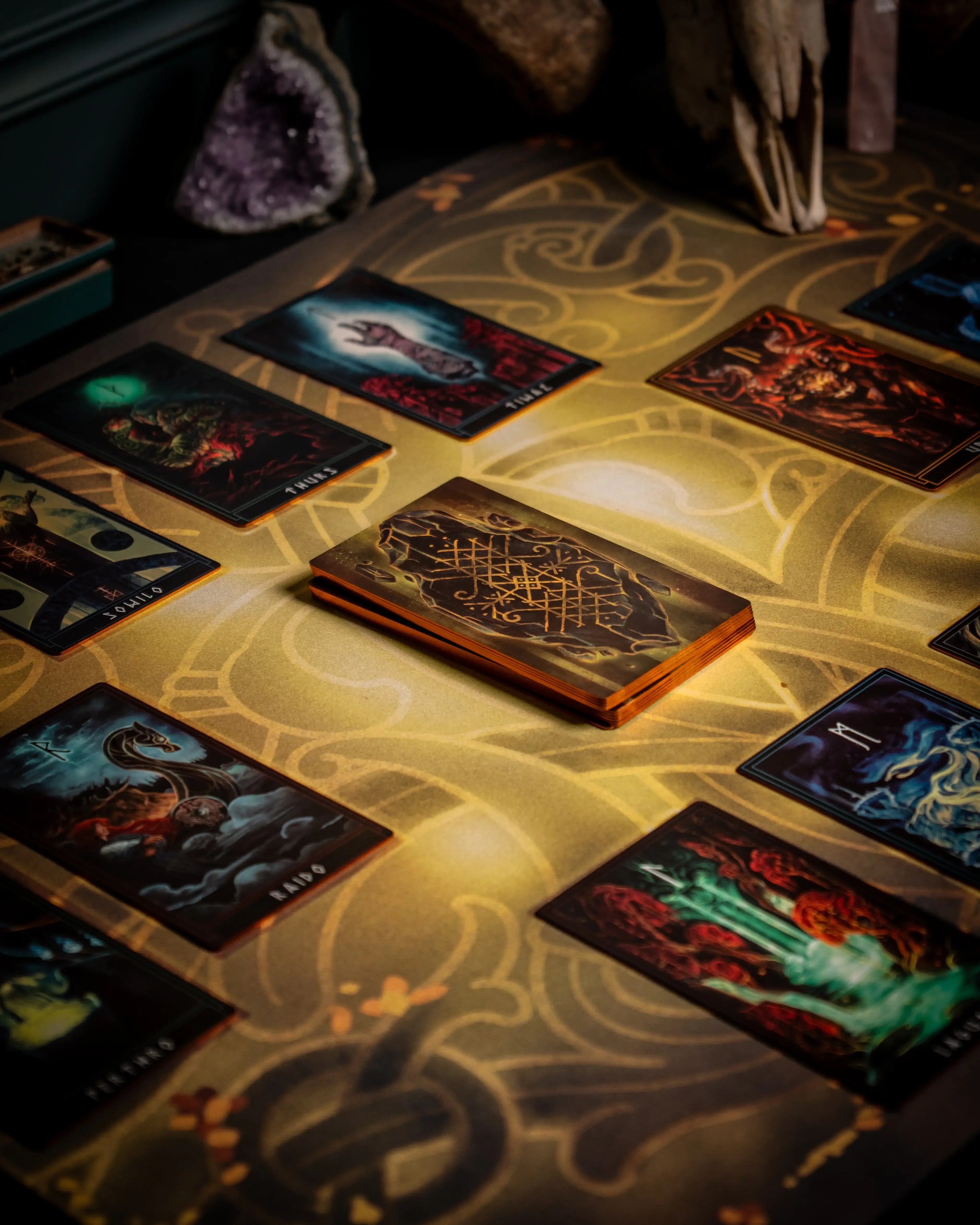 Norse-inspired tarot cards with Viking runes and mythic art on ornate table