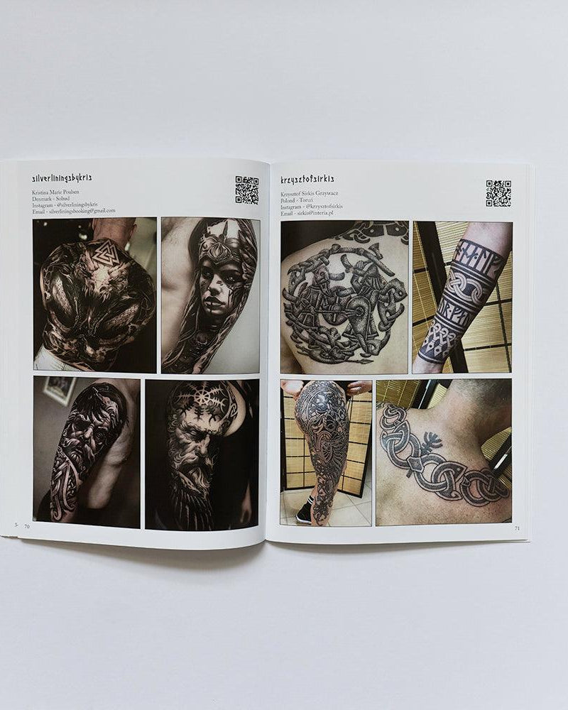 Viking tattoo designs from Norse-inspired art book featuring intricate runes and mythological motifs