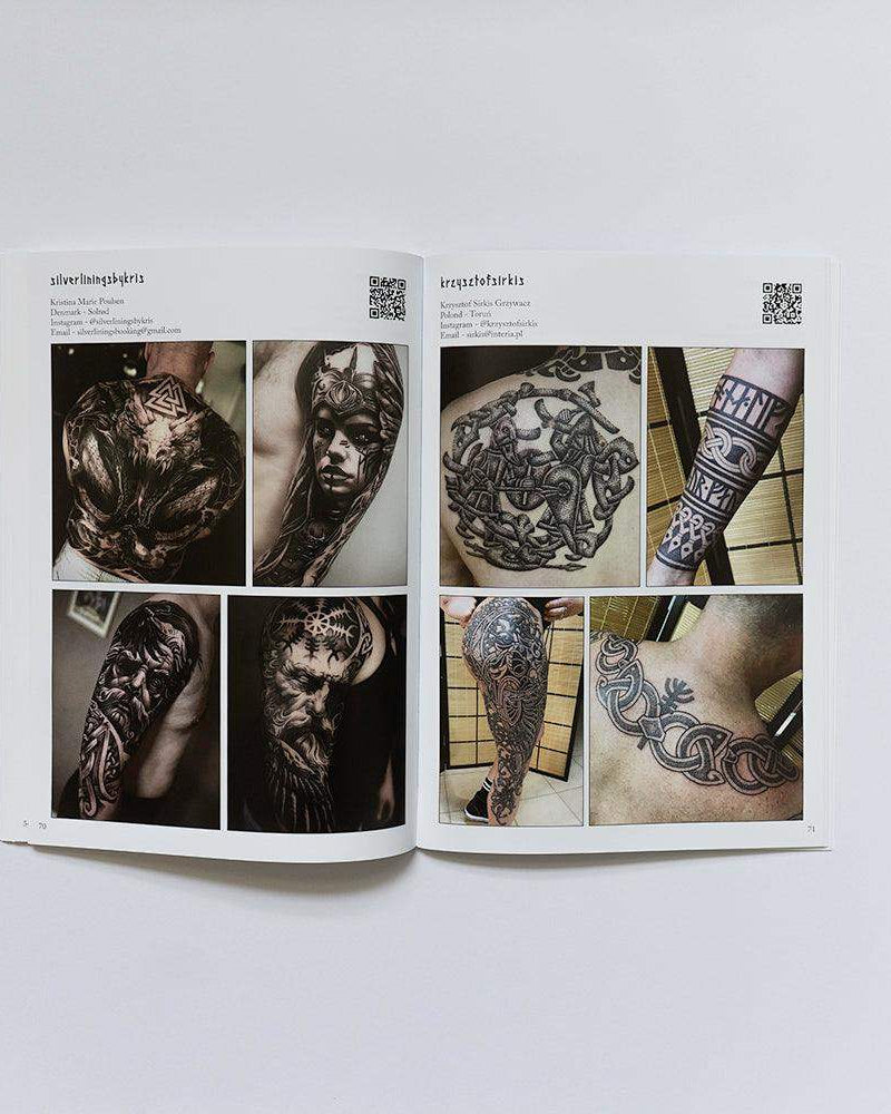 Viking tattoo designs from Norse-inspired art book featuring intricate runes and mythological motifs