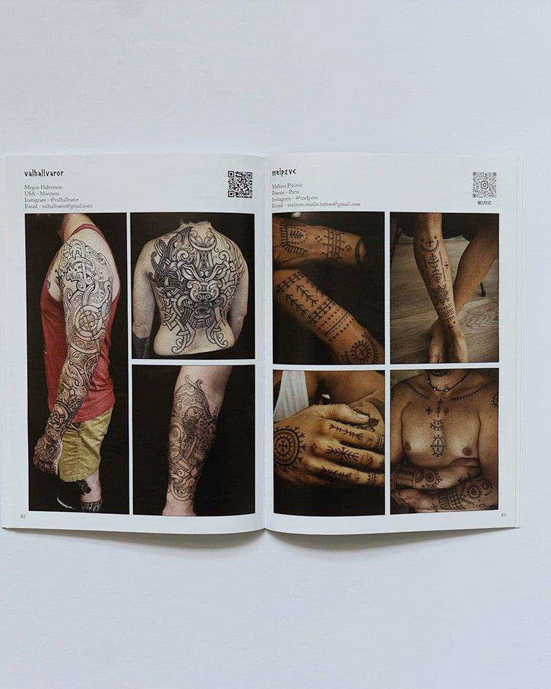 Viking tattoo designs book showcasing Norse-inspired ink on arms, back, and hands with runic patterns