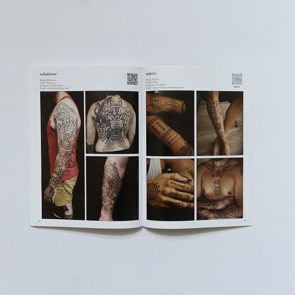 Viking tattoo designs book showcasing Norse-inspired ink on arms, back, and hands with runic patterns