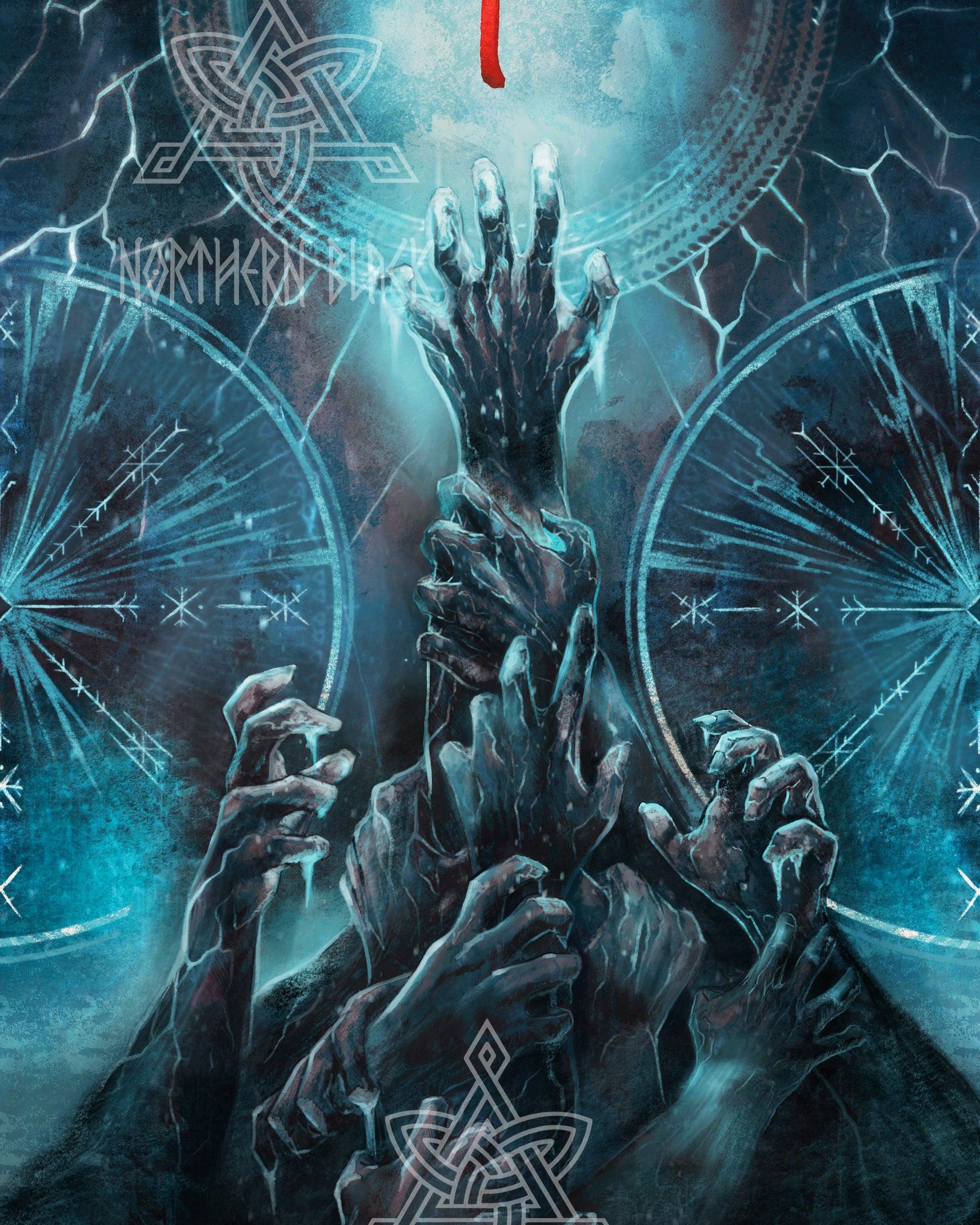 Viking-inspired artwork with icy hands, Norse runes, and mystical symbols in blue tones