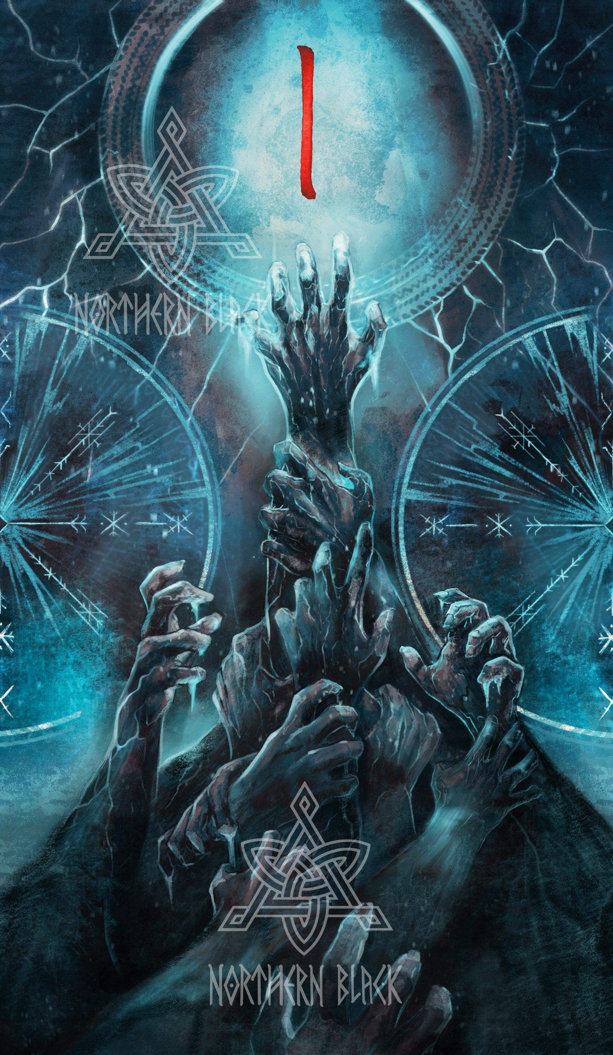 Viking-inspired artwork with icy hands, Norse runes, and mystical symbols in blue tones