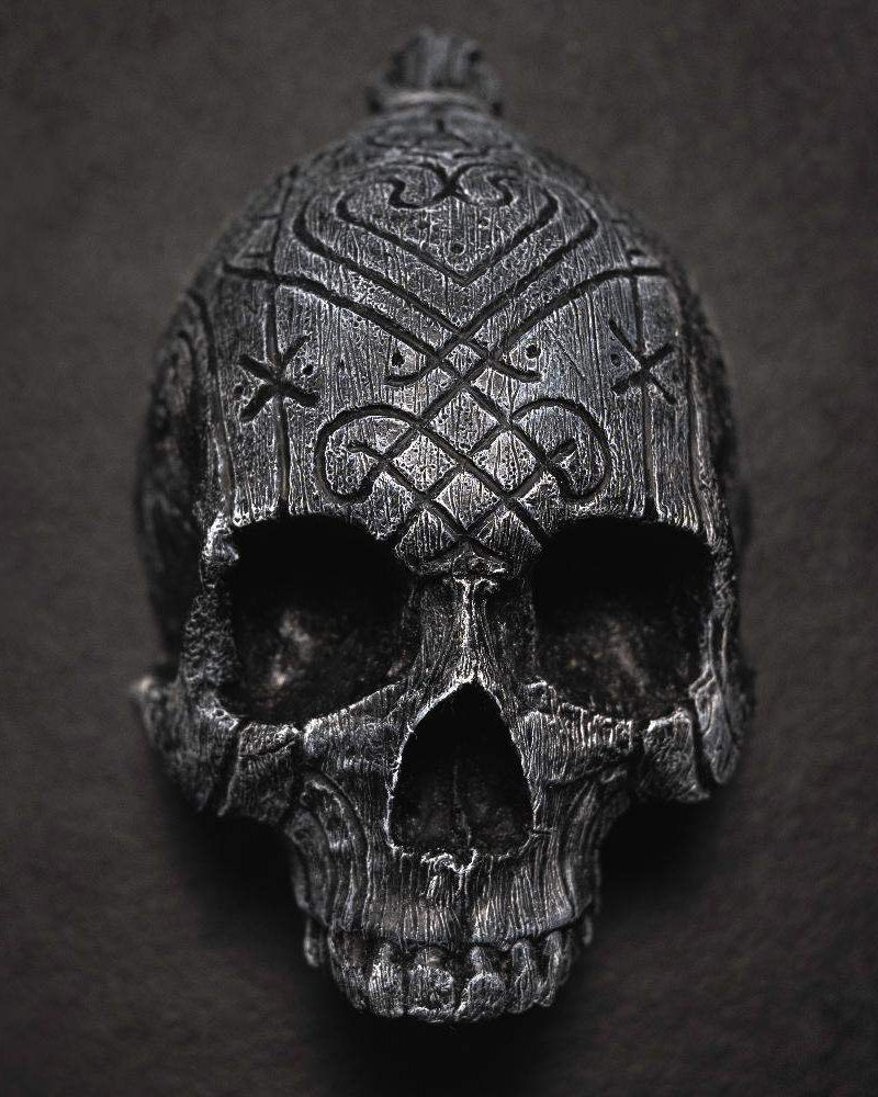 Dark Norse skull pendant with intricate Viking rune carvings, authentic Viking-inspired jewelry