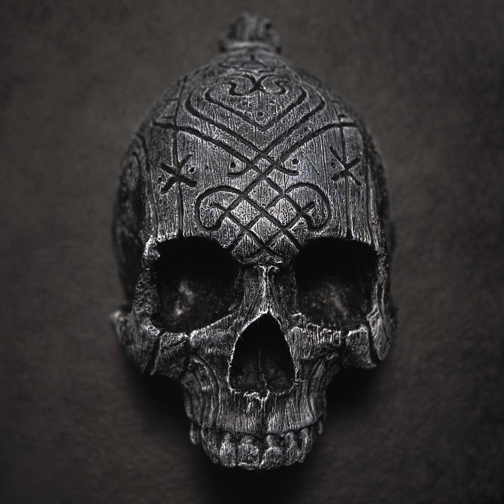 Dark Norse skull pendant with intricate Viking rune carvings, authentic Viking-inspired jewelry