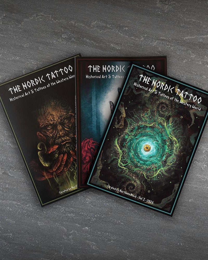 The Nordik Tattoo art books featuring Viking designs, Norse runes, and historical tattoo art on dark textured covers