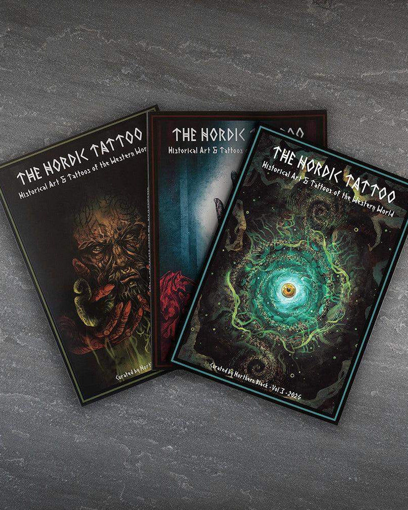 The Nordik Tattoo art books featuring Viking designs, Norse runes, and historical tattoo art on dark textured covers