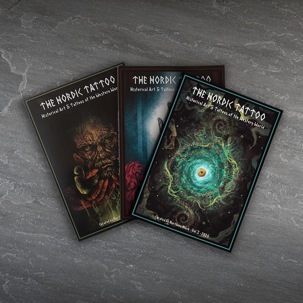 The Nordik Tattoo art books featuring Viking designs, Norse runes, and historical tattoo art on dark textured covers