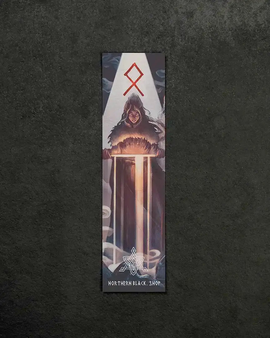 Viking warrior holding glowing sword under red rune, Norse art bookmark with Valknut symbol