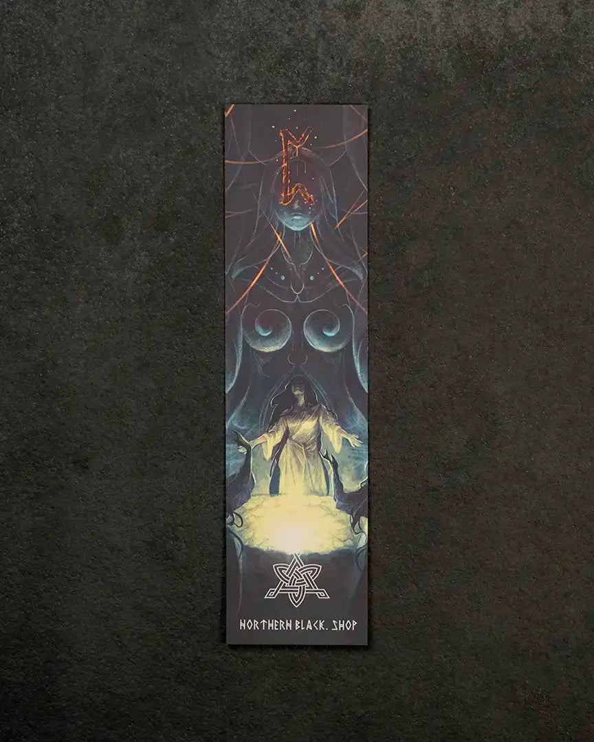 Norse-inspired bookmark with Viking art, runes, and mystical figure — perfect for Viking tattoo design fans