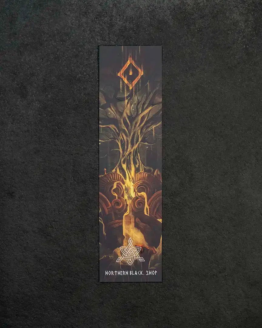 Norse Yggdrasil tree with runes and Viking symbols on dark bookmark, Northern Black Shop