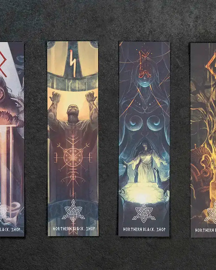 Norse myth bookmarks with Viking runes, gods, and Yggdrasil art — authentic Northern Black designs