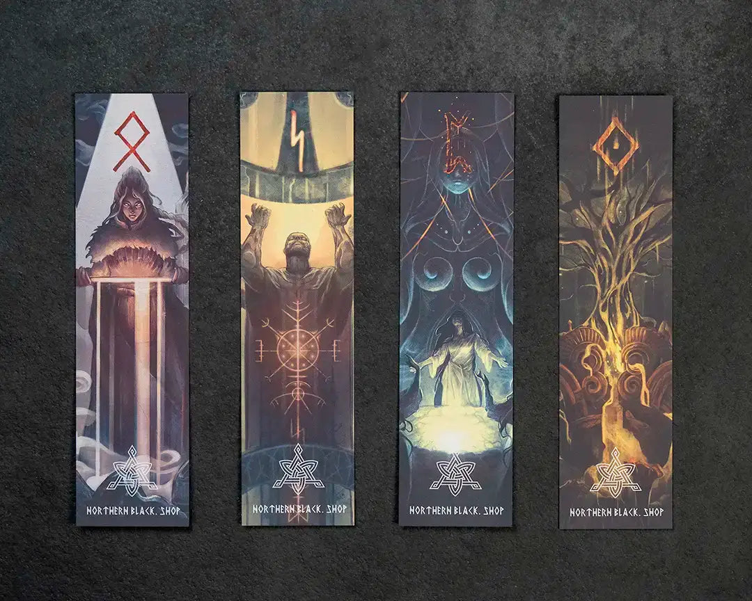 Norse myth bookmarks with Viking runes, gods, and Yggdrasil art — authentic Northern Black designs