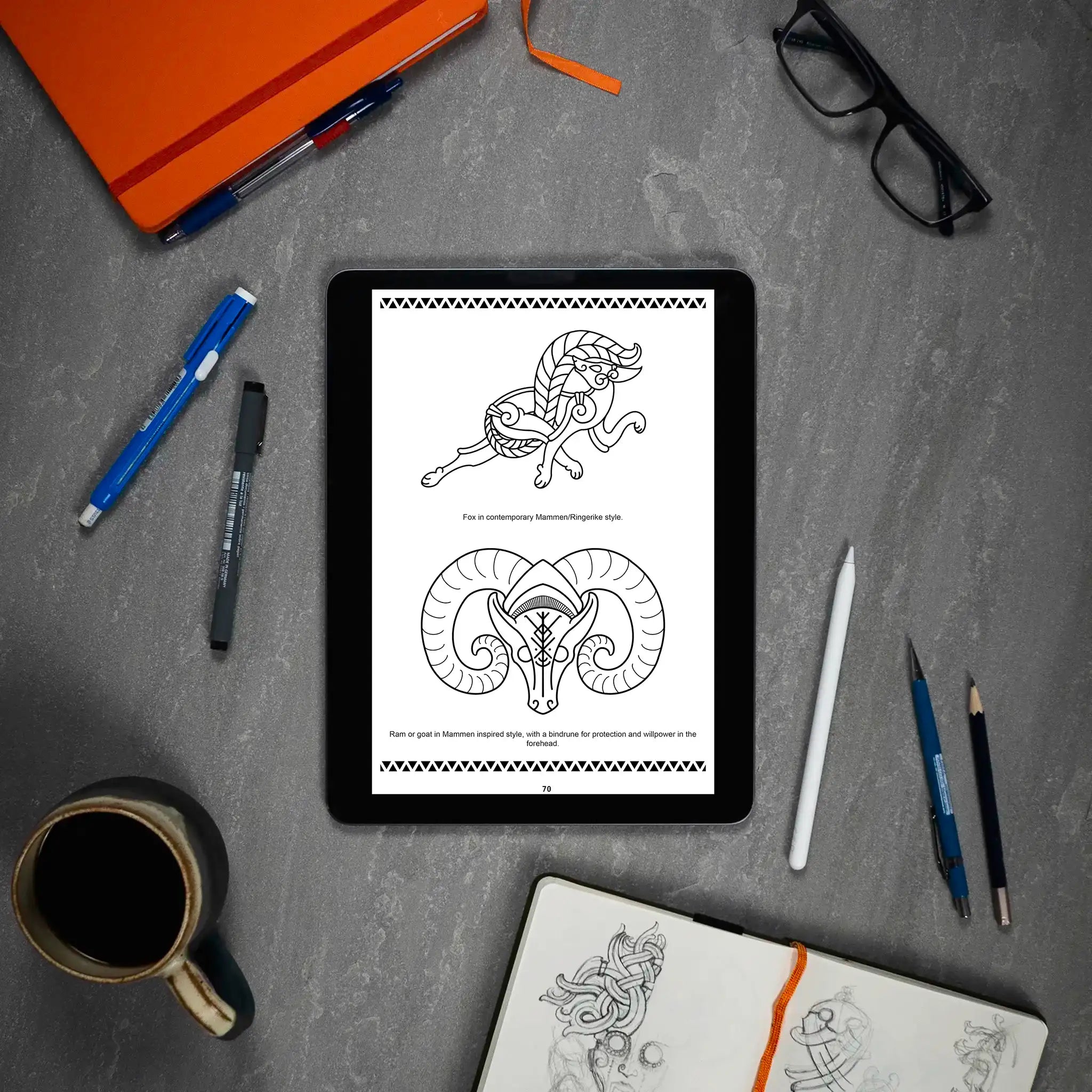Viking-inspired tattoo designs on tablet: fox and ram in Mammen style, Norse art for tattooists